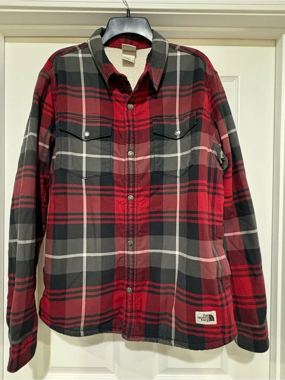 The North Face Red and Black Plaid Sherpa-Lined Shirt Jacket
